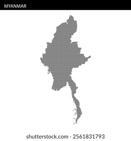 A clear representation of Myanmar's map outline with dotted patterns highlighting its unique geographic contours.