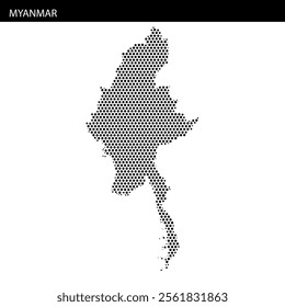 A clear representation of Myanmar's map outline with dotted patterns highlighting its unique geographic contours.