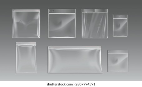 Clear Resealable Zip Lock Plastic Bags Collection. Transparent Polyethylene Storage Pouches Set. Empty Zipper Packaging Mockup Vector Isolated on White