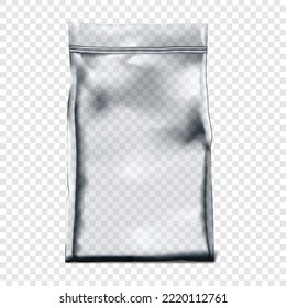 Clear resealable zipper vinyl pouch on transparent background vector mockup. Blank empty plastic bag with zip lock realistic mock-up