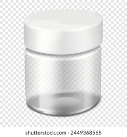 Clear round face cream jar with white screw lid on transparent background, realistic mockup. Skincare product packaging, vector mock-up. Cosmetic tub container, template