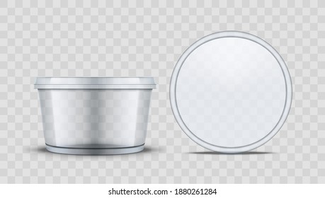 Contenedor De Comida De Plástico Claro Redondo Con Tapa Para Alimentos. Vector EPS10