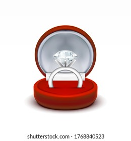 Klare runde, rote Velvet geöffnete Geschenkbox mit Diamantring. Paket für Ring oder Ohrringe. EPS10-Vektorgrafik