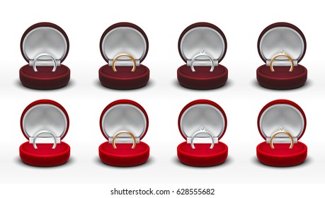 Clear Round Red Velvet Opened Jewelry Gift Box. Silver, Gold, Diamond Ring. Package For Ring Or Earrings. EPS10 Vector