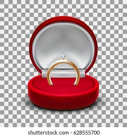 Clear Round Red Velvet Opened Jewelry Gift Box With Gold Diamond Ring. Package For Ring Or Earrings. EPS10 Vector