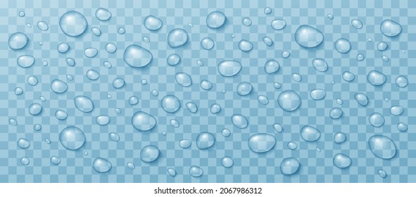 Clear round water drops on smooth surface. Raindrops on window. Drops water rain on transparent background.