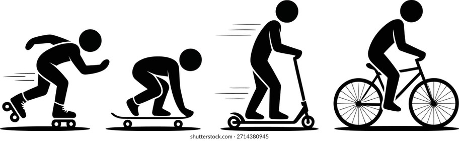 Una fila clara de figuras de palo negro que realizan diferentes deportes como patinaje sobre ruedas, monopatín, patinaje y ciclismo sobre un fondo blanco.