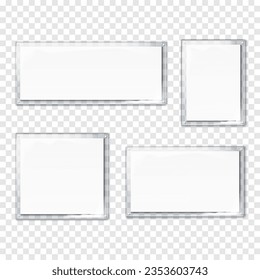 Clear sandwich acrylic board set. Realistic vector mockup. Blank wall plexiglass sign, poster holder mock-up. Plexi signboard kit. Template for design