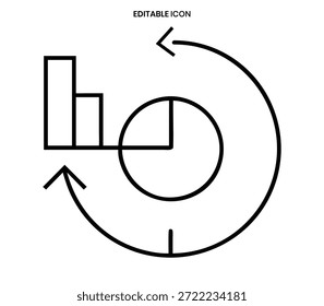 Um ícone claro e esquemático mostrando um processo circular envolvendo dados e representação gráfica.