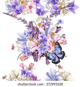 Clear seamless vector floral pattern with field flowers blue bells cornflowers cosmos and other