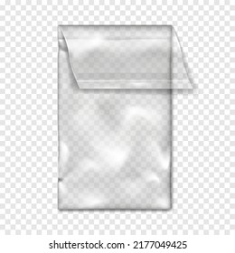 Clear self sealing plastic bag with adhesive flap closure on transparent background realistic vector mockup. Empty long rectangular pouch packaging mock-up