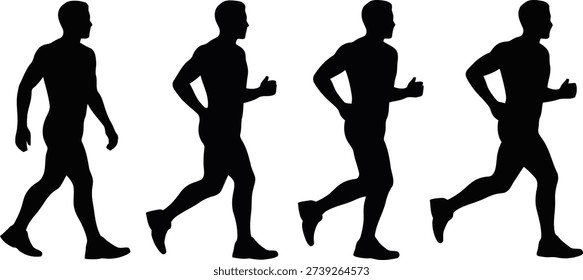 A clear series of black human silhouettes illustrating a man's transition from a casual walk to a swift run against a clean backdrop.