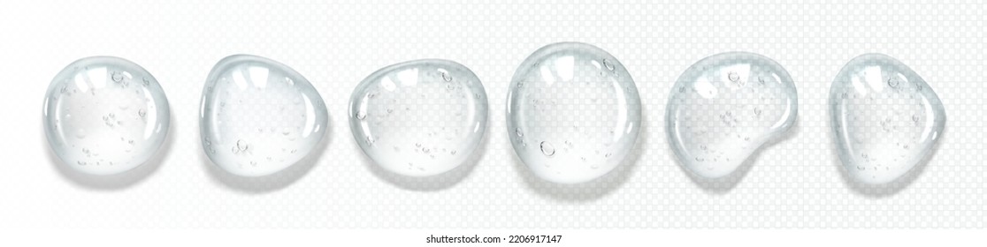 Clear serum drops with air bubbles. Collagen gel, cosmetic product for skin care, lotion or essence droplets isolated on transparent background, vector realistic illustration