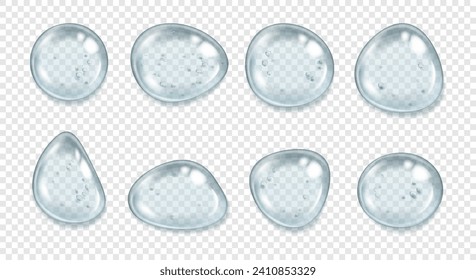 Gotas séricas transparentes con burbujas de aire aisladas en un fondo transparente. Gotas aisladas vectoriales de forma redonda, rocío realista o gotas de lluvia, agua pura. Líquido en la superficie, condensado o gel