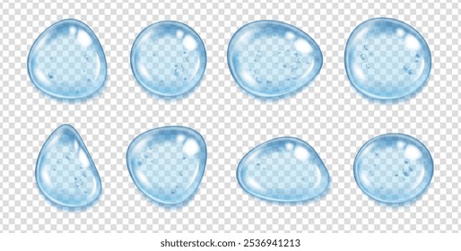 Colírio claro com bolhas de ar. Conjunto isolado de vetor de gotas de água realistas, cosméticos ou anúncios de produtos de beleza. Loção pura ou essência, forma aquosa, bolas de colágeno limpas