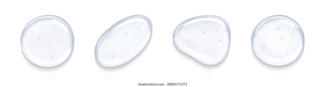 Clear serum drops with air bubbles. Transparent cosmetic gel set. Сosmetic product for skin care. Collagen or essence droplets. Vector realistic illustration
