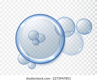 Clear serum realistic droplet . Water bubbles floats isolated on transparent background. Transparent round displays plate