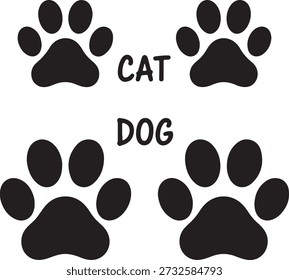Un conjunto claro de estampados de patas negras para perros y gatos, etiquetados para facilitar la Identificación, perfectos para temas relacionados con mascotas.