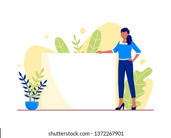 Clear sheet of white paper. Young woman is holding blank banner on abstract floral background. Your text here, copy space. Flat vector concept illustration isolated on white