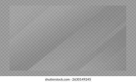Clear, shiny acrylic sheet. Transparent plastic panel. Realistic glare and reflection on a see-through surface. Ideal for showcasing objects or designs. PNG glass