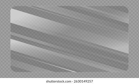 Clear, shiny acrylic sheet. Transparent plastic panel. Realistic glare and reflection on a see-through surface. Ideal for showcasing objects or designs. PNG glass