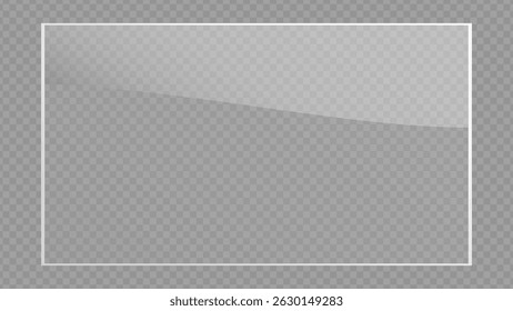 Clear, shiny acrylic sheet. Transparent plastic panel. Realistic glare and reflection on a see-through surface. Ideal for showcasing objects or designs. PNG glass