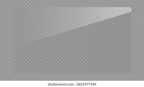 Clear, shiny acrylic sheet. Transparent plastic panel. Realistic glare and reflection on a see-through surface. Ideal for showcasing objects or designs. PNG glass