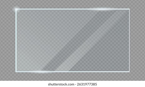 Clear, shiny acrylic sheet. Transparent plastic panel. Realistic glare and reflection on a see-through surface. Ideal for showcasing objects or designs. PNG glass