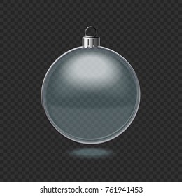 Clear shiny smooth glass ball for Christmas tree decoration with silver loop isolated realistic vector illustration on transparent background.