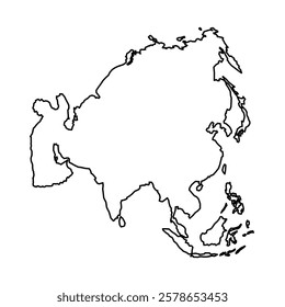 A clear silhouette of the Asian continent map is displayed. The outline captures the geographical features and shapes of surrounding regions, highlighting the diverse landscapes.