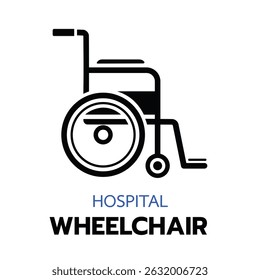 A clear and simple black outline of a wheelchair is presented in this image. It is accompanied by text indicating its association with a hospital. The word HOSPITAL and WHEELCHAIR is written below.