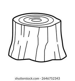 A clear, simple black and white illustration depicts a cut tree stump with visible tree rings on top and irregular vertical cuts down the side of the trunk.