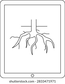 A clear, simple line drawing of a trees root system, showing the main taproot and branching lateral roots spreading out beneath the soil surface.