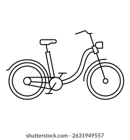 A clear and simple outline of a bicycle, a popular mode of transportation and recreation. Useful for designs related to fitness, health, eco-friendliness, and urban commuting.
