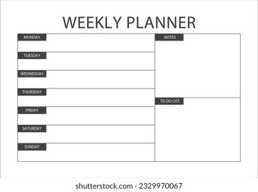 Clear and simple printable Weekly Planner. Minimalist printable Weekly planner template. Schedule, Agenda, Weekly Overview, Weekly Organizer. Business organizer page vector illustration