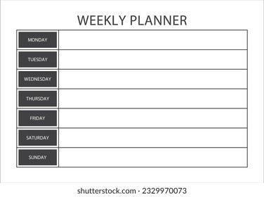 Clear and simple printable Weekly Planner. Minimalist printable Weekly planner template. Schedule, Agenda, Weekly Overview, Weekly Organizer. Business organizer page vector illustration