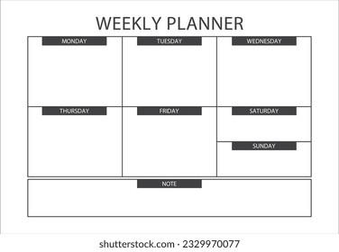 Clear and simple printable Weekly Planner. Minimalist printable Weekly planner template. Schedule, Agenda, Weekly Overview, Weekly Organizer. Business organizer page vector illustration