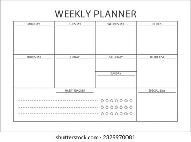 Planner semanal claro y sencillo de imprimir. Plantilla de planificador semanal imprimible minimalista. Calendario, Agenda, Visión General Semanal, Organizador Semanal. Ilustración vectorial de página del organizador de negocios