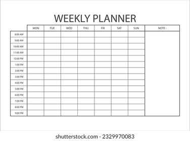 Clear and simple printable Weekly Planner. Minimalist printable Weekly planner template. Schedule, Agenda, Weekly Overview, Weekly Organizer. Business organizer page vector illustration