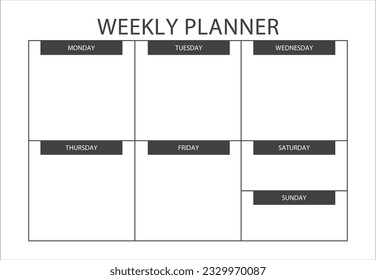 Clear and simple printable Weekly Planner. Minimalist printable Weekly planner template. Schedule, Agenda, Weekly Overview, Weekly Organizer. Business organizer page vector illustration