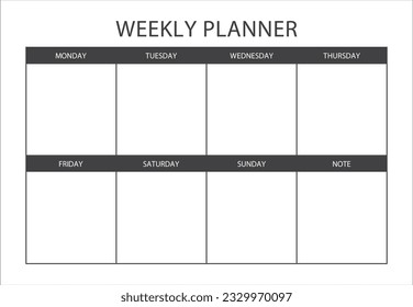 Planner semanal claro y sencillo de imprimir. Plantilla de planificador semanal imprimible minimalista. Calendario, Agenda, Visión General Semanal, Organizador Semanal. Ilustración vectorial de página del organizador de negocios