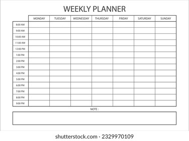 Clear and simple printable Weekly Planner. Minimalist printable Weekly planner template. Schedule, Agenda, Weekly Overview, Weekly Organizer. Business organizer page vector illustration