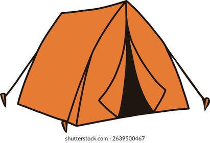 A clear and simple vector illustration of a traditional orange camping tent with black outlines and stakes. This icon is perfect for themes related to outdoor adventures.