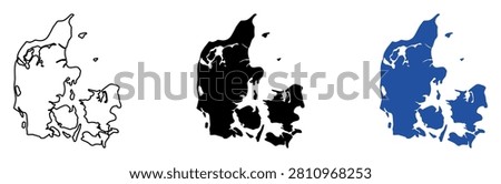 A clear, simplified graphic representation of the country of Denmark, highlighting its distinct geographical shape and numerous islands