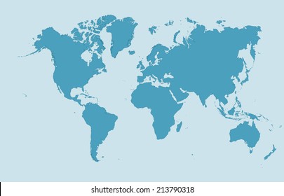 Clear, simplified vector world map in blue tones on a light background, representing global connections and geography.