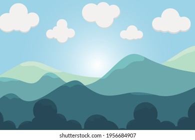 Clear skies and clouds expansive landscape of numerous mountains touching the sky horizon with green forest.