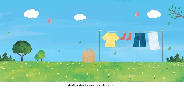 Clear skies and laundry in meadow watercolor