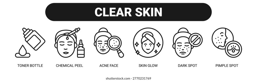 Clear Skin web banner icon vector illustration concept with icons of toner bottle, chemical peel, acne face, skin glow, dark spot, and pimple spot.