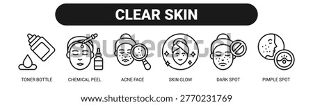 Clear Skin web banner icon vector illustration concept with icons of toner bottle, chemical peel, acne face, skin glow, dark spot, and pimple spot.