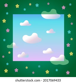 Clear sky with small clouds in a green frame with meadow flowers.  The theme of a clean, peaceful sky, ecology, nature.